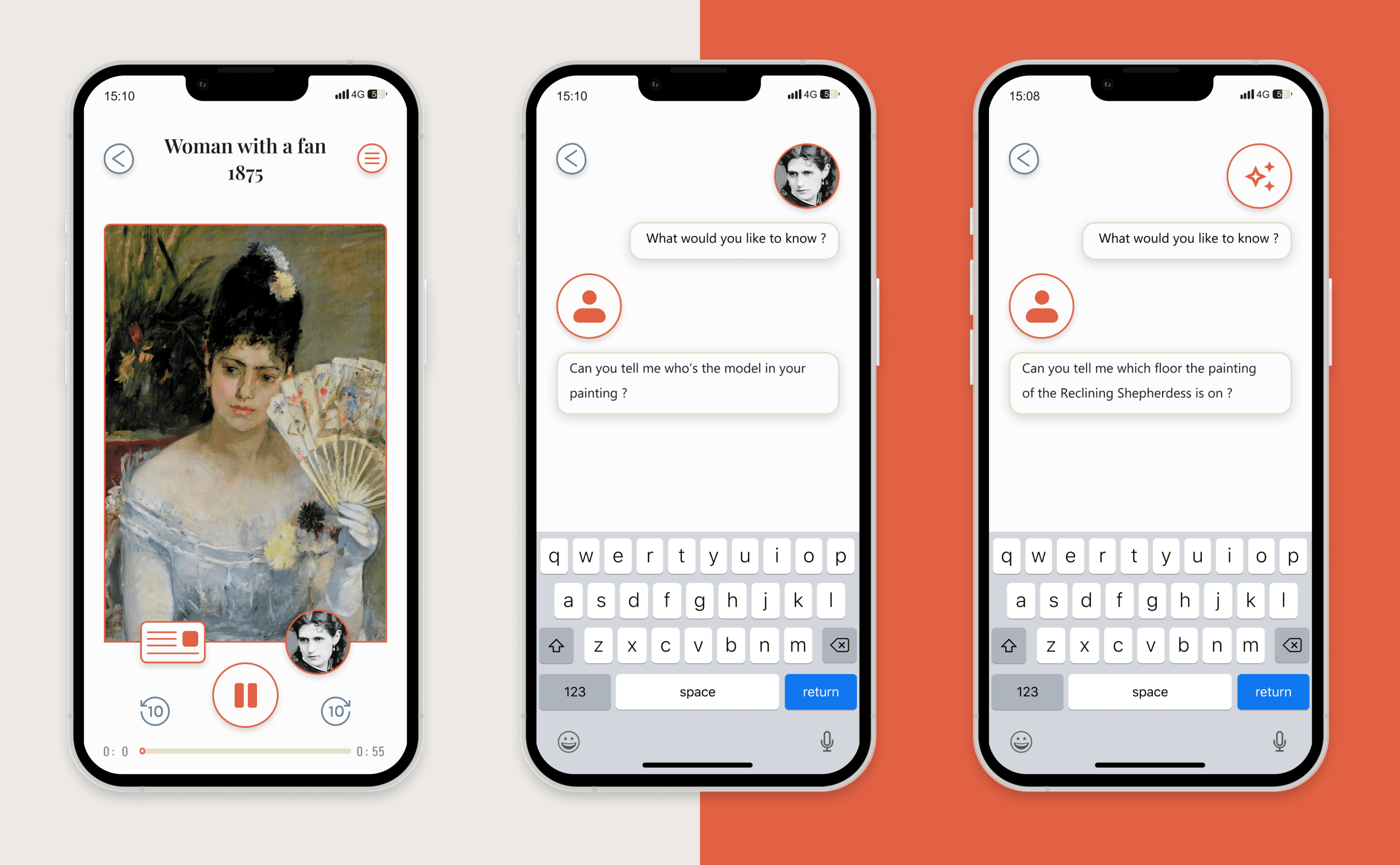 Une série de trois iPhones affichant chacun un écran de l'application : une page d'audiodescription à gauche, une page de chat IA avec Berthe Morisot au centre et enfin une page de chat IA générale relative à l'exposition à droite.