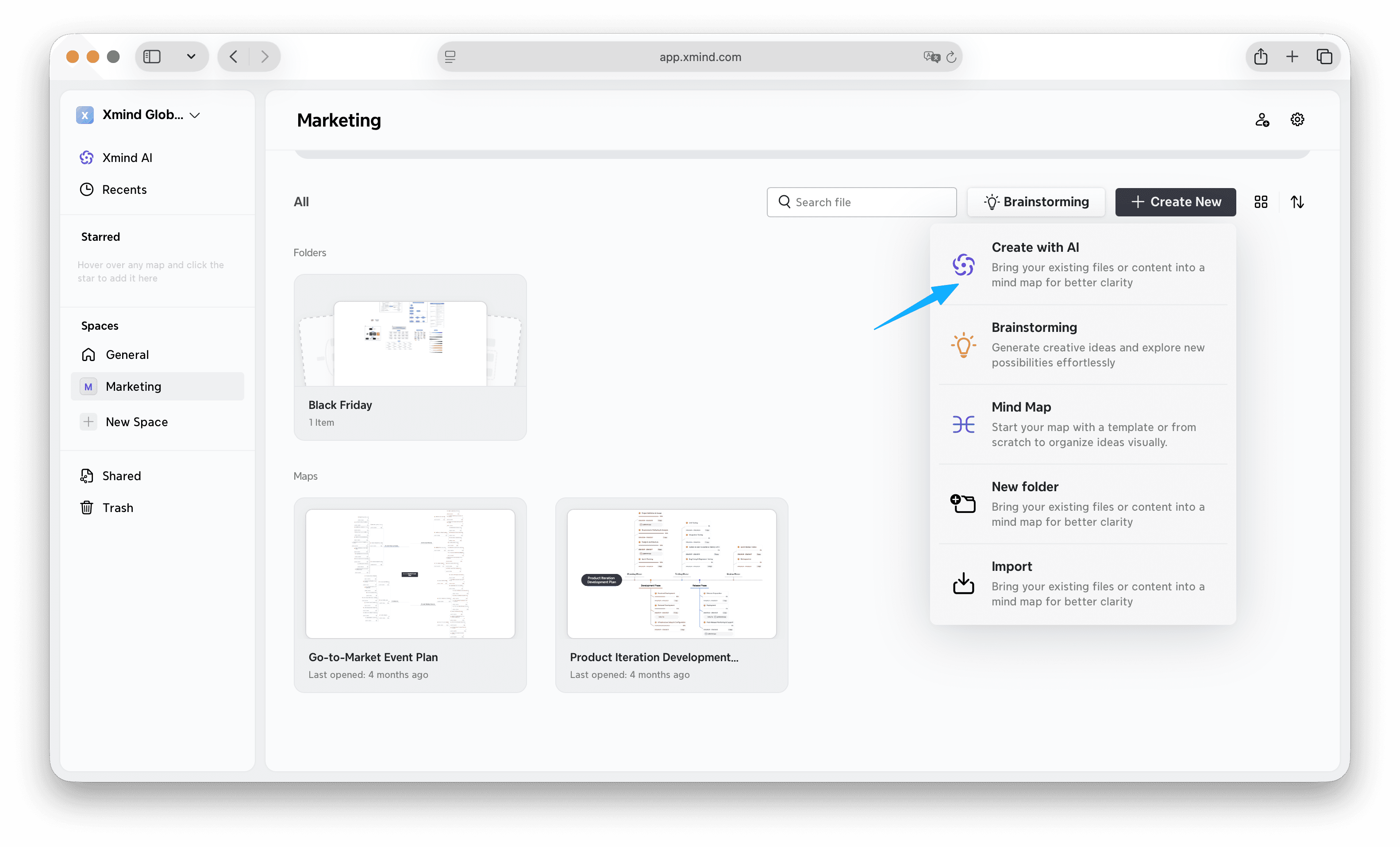AI project planning tool interface and options