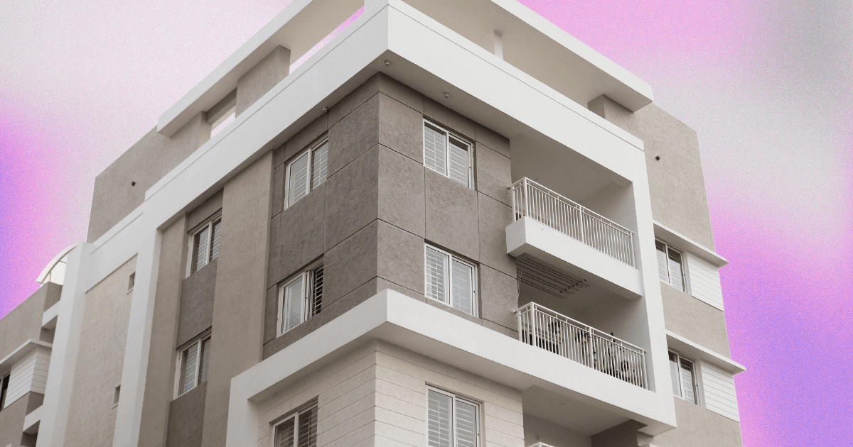 An apartment with windows and balconies against a purple background