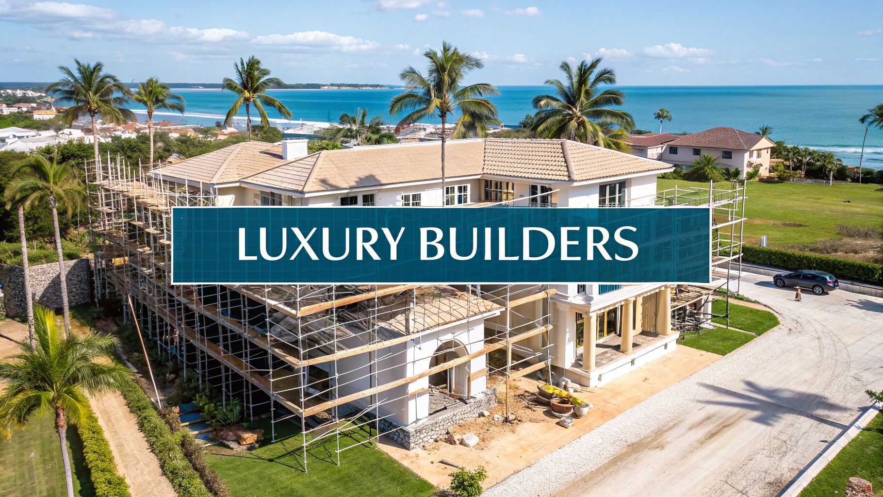 a blue text box reading 'luxury builders' with a large mansion under construction in the background surrounded by palm trees