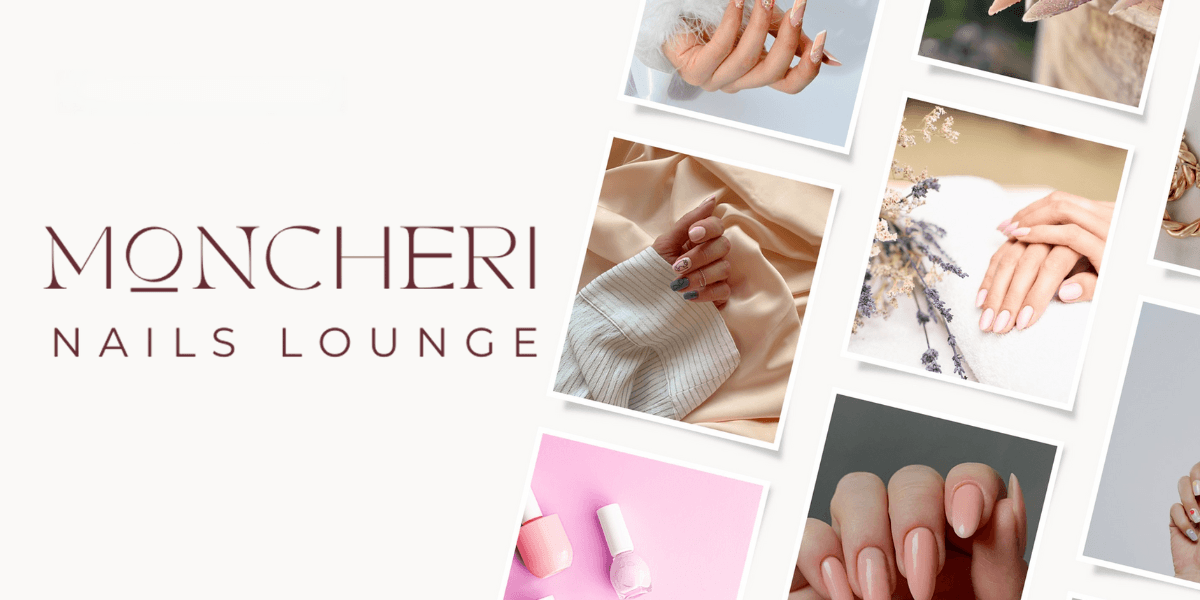 Moncheri Nails Lounge logo with a collage of elegant nail art designs showcasing luxurious manicures and high-end nail artistry.