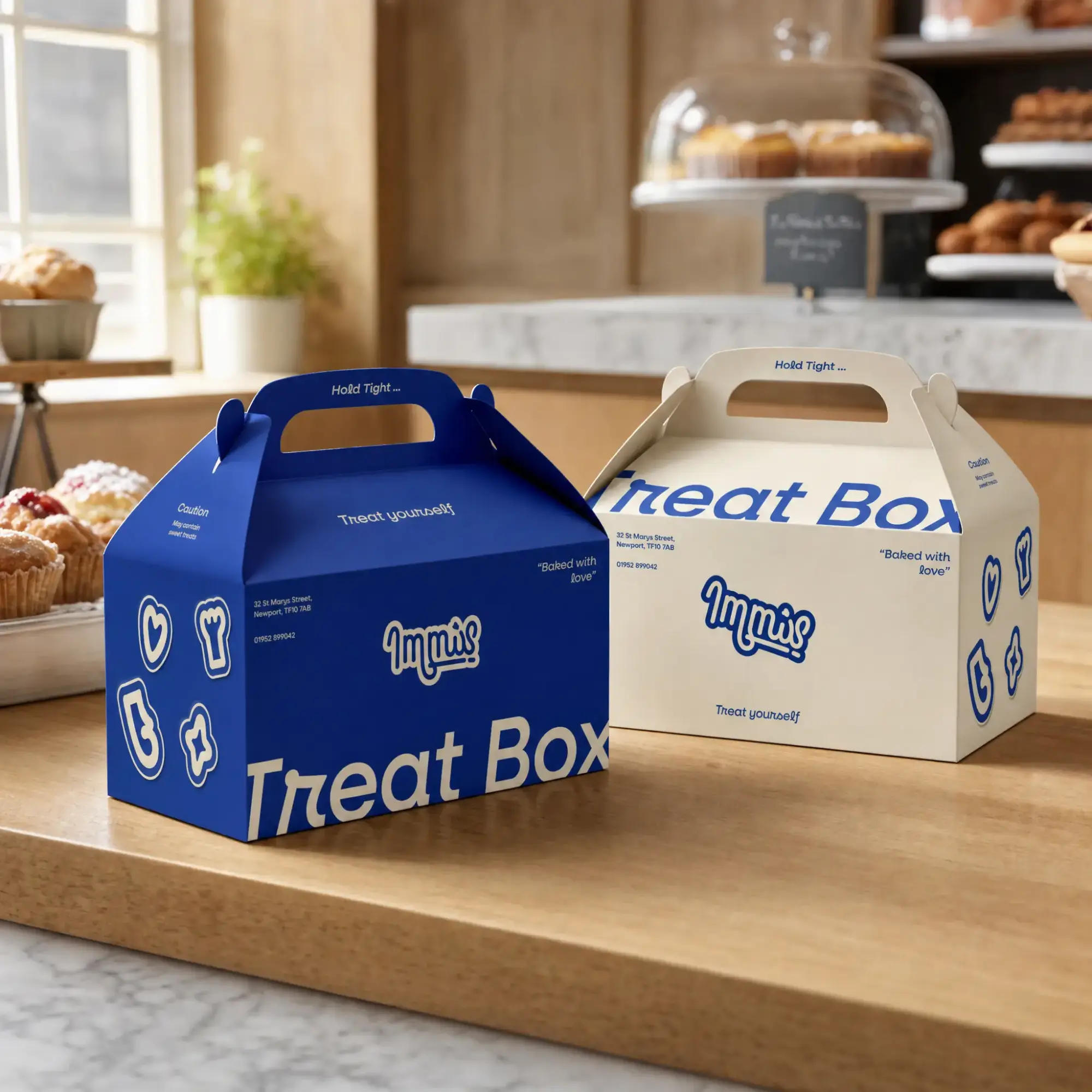 Blue and cream Immis Treat Box carry boxes on a bakery counter