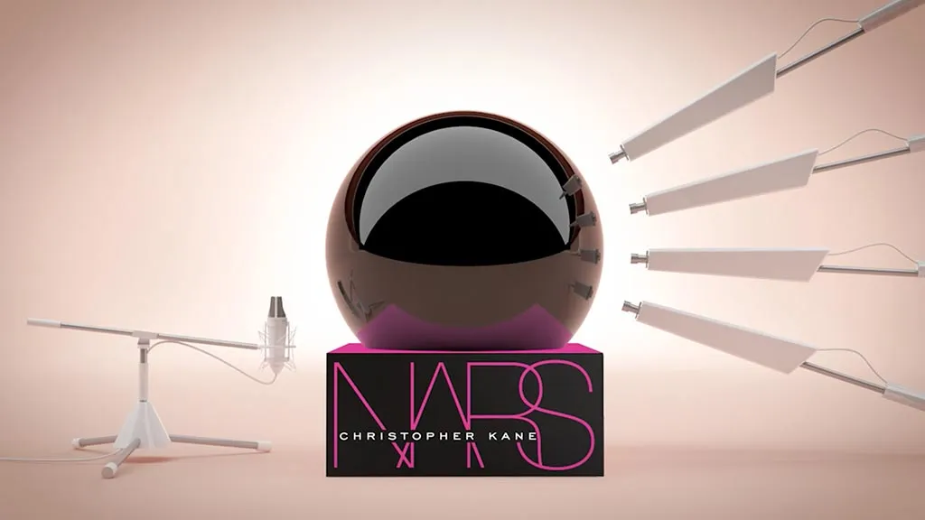 Black sphere on pink background with white microphone and NARS Logo