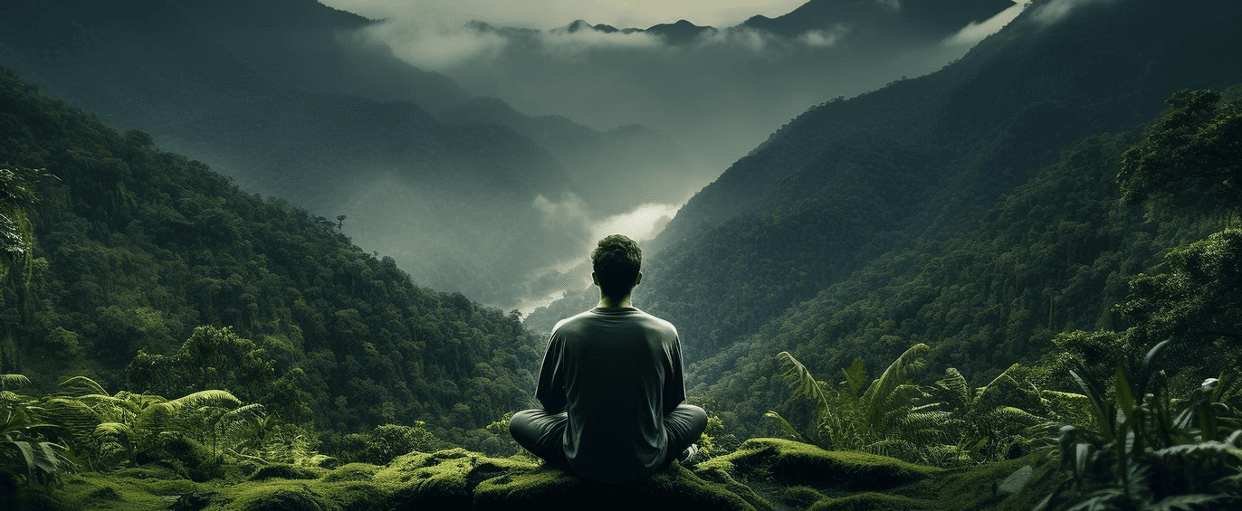 A person sits in meditation on a lush green hill overlooking a serene, misty mountainous landscape, embodying tranquility and mindfulness, reflecting the principles of Ayurveda in natural surroundings, reminiscent of peaceful retreats near Louisville.