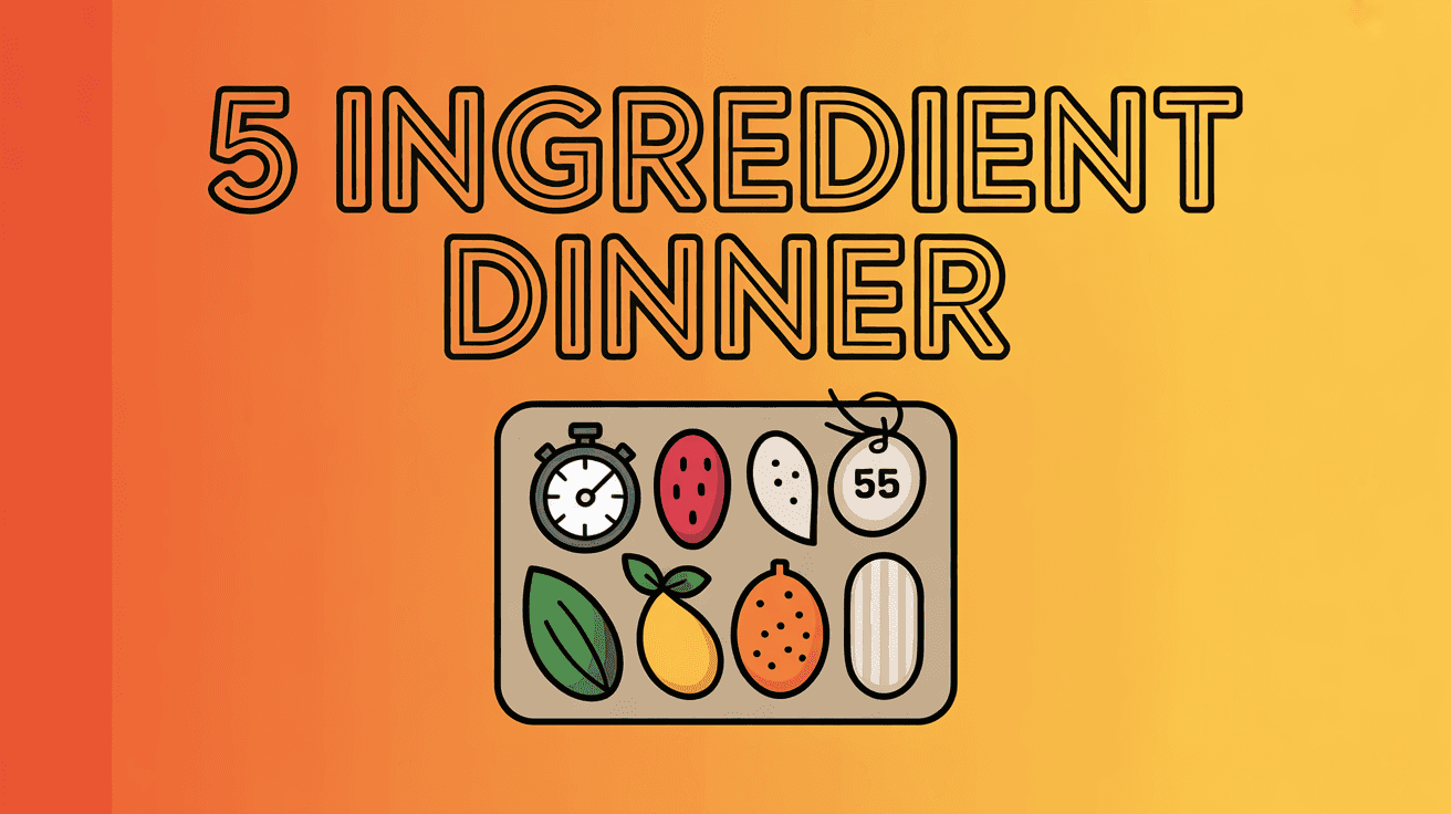 Five Ingredient Dinner Thumbnail Template featuring five neatly arranged ingredients on board with stopwatch icon and price tag