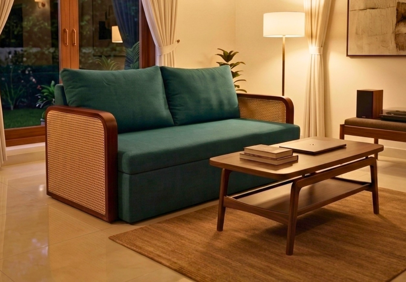 Luxury contemporary cane sofa with teal upholstery and wooden frame