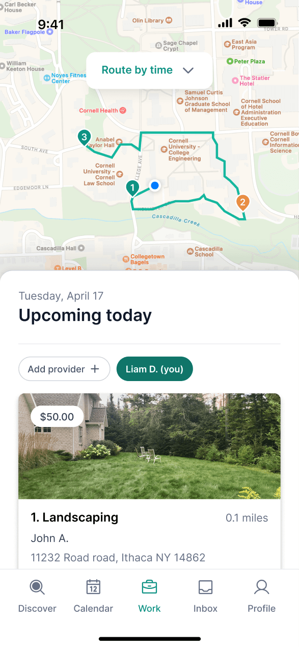 Screenshot displaying a day’s route with stops marked and connected, alongside a job list showing details, earnings, and distance, prioritizing route visualization for planning.