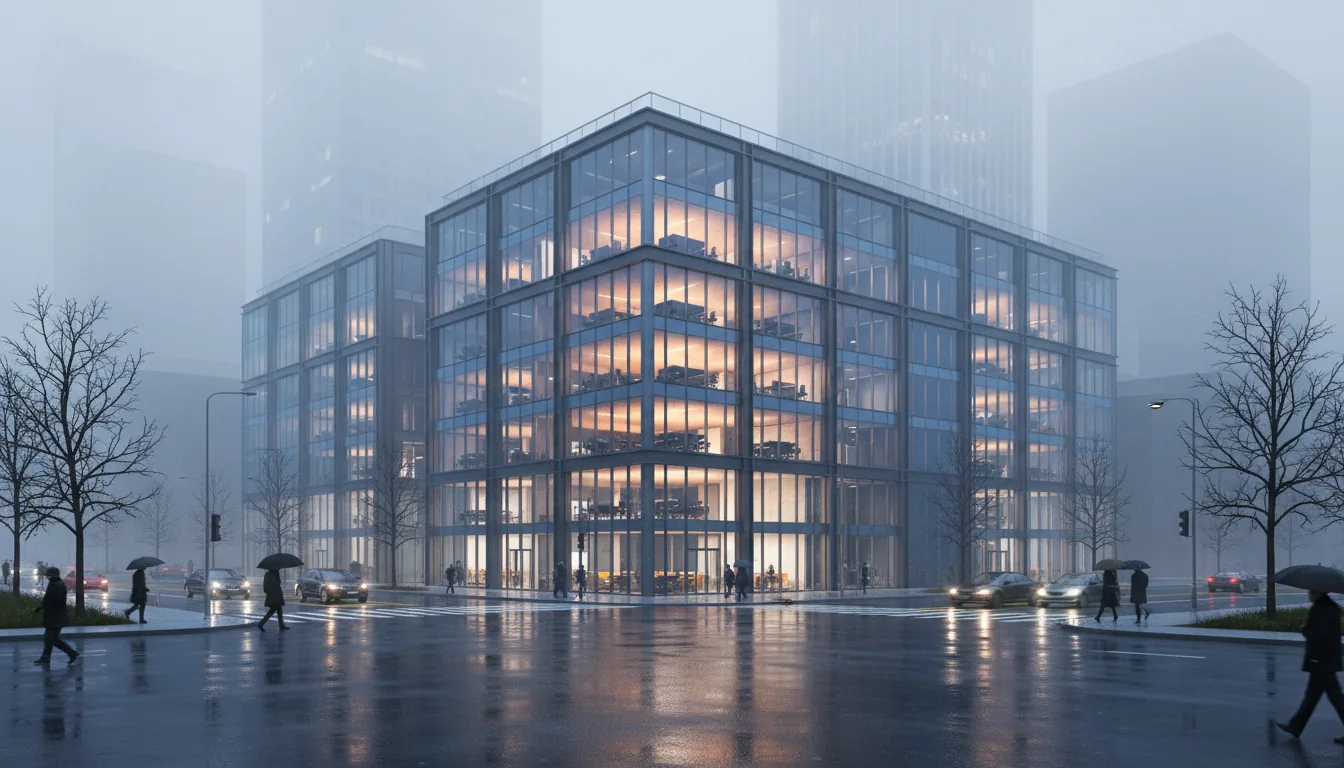 Photorealistic 3D architectural render of a modern glass and steel office building on a city street corner, in the style of a high-end Lumion or Twinmotion visualization. The scene is captured from an eye-level, wide-angle perspective on a moody, overcast day with thick fog. Wet asphalt streets create sharp reflections of warm interior office lights and car headlights. Pedestrians with umbrellas and sparse traffic add life to the urban environment. Bare, skeletal winter trees frame the foreground, while tall skyscrapers in the background fade into the atmospheric fog, creating a strong sense of depth.