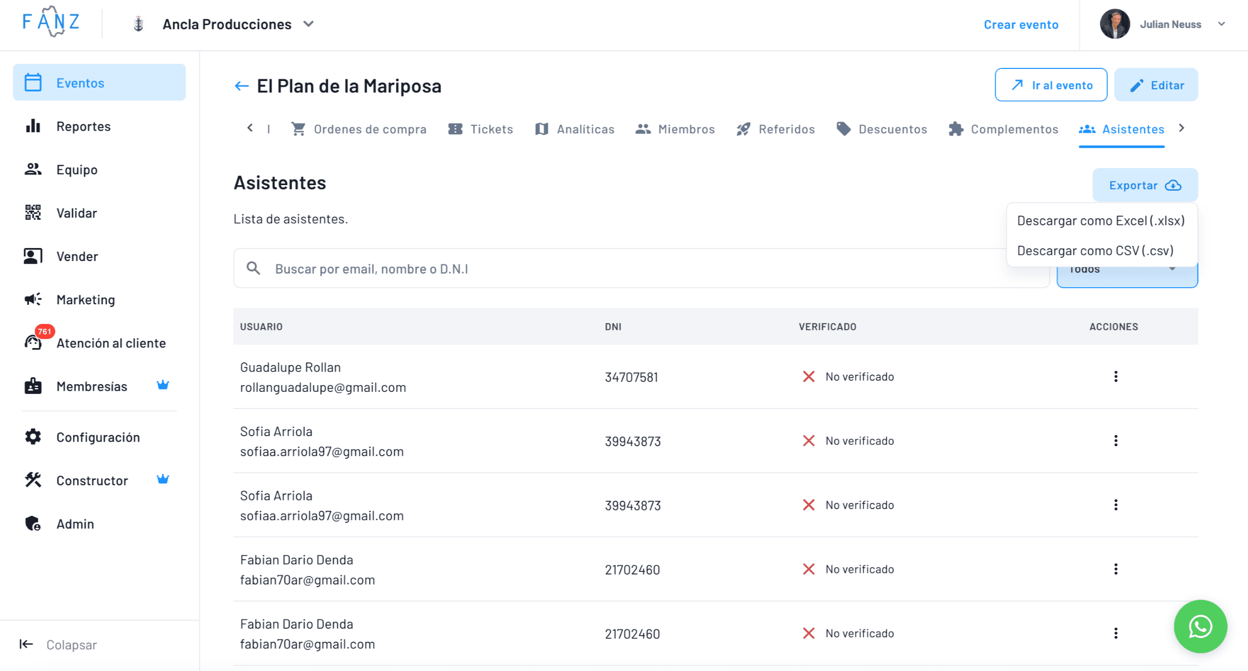 foto del panel de fanz de la lista de asistentes donde se ve que se puede exportar 