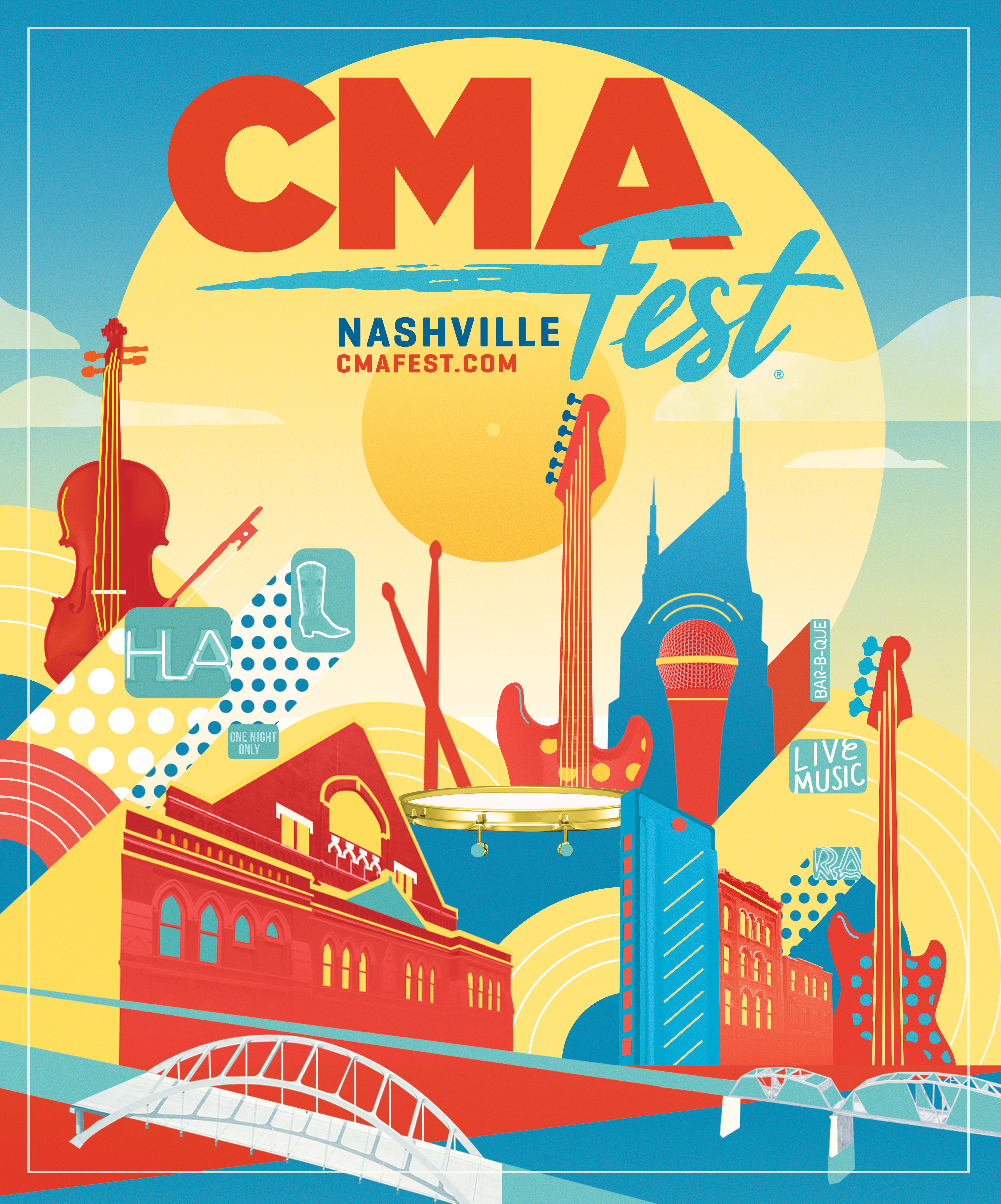 Vibrant CMA Fest 2018 key art featuring Nashville landmarks, musical instruments, and festival iconography, celebrating the energy and branding of country music’s premier fan event.