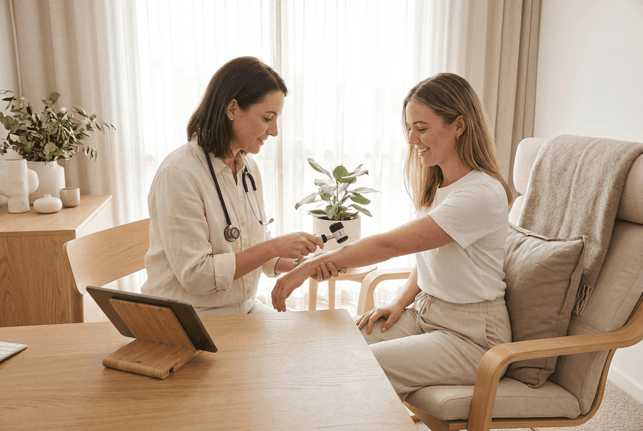 Dermatologists examines moles on a patient using a light.