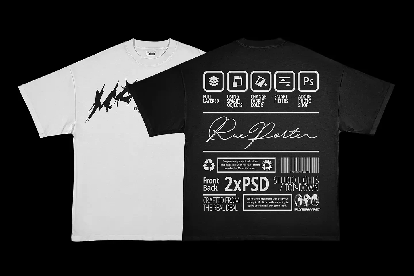 Rue Porter T-Shirt ironed mockup front and back view with customizable design