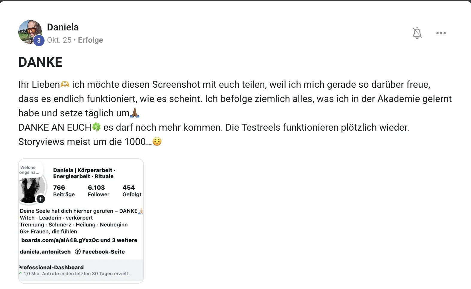 Erfolgsbericht KI Creator Akademie: Energiearbeit-Coachin Daniela erzielt 1 Mio. Aufrufe in 30 Tagen