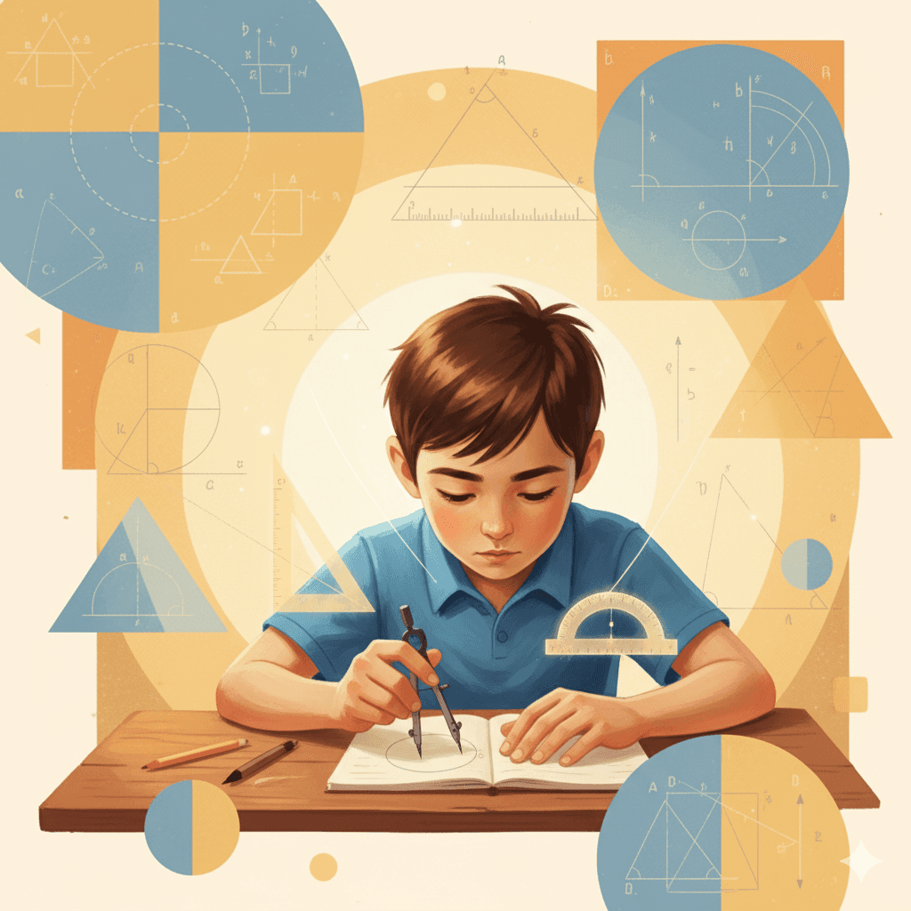 Jovem estudante dedicado a dominar geometria através de exercícios práticos com compasso e esquadro