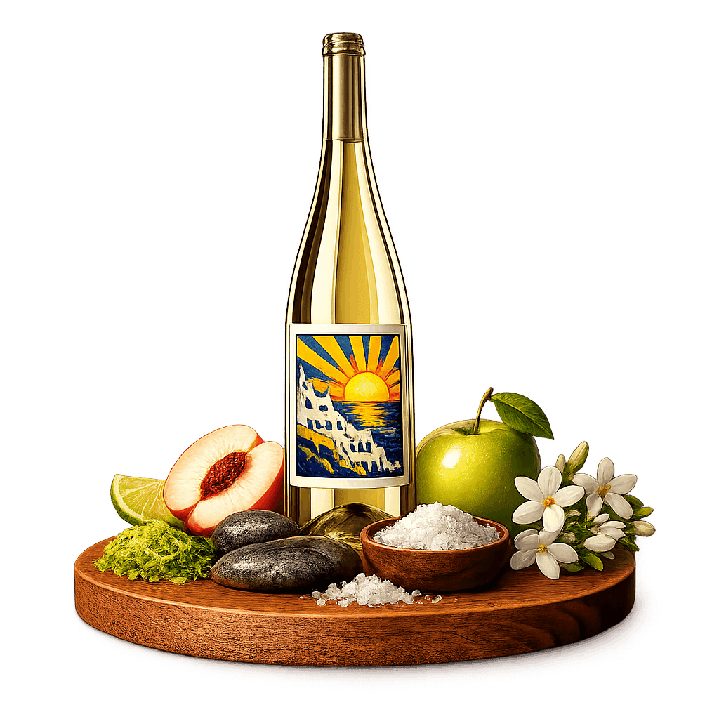 Artistic label and flavor profile for Uruguayan White Blend on a rustic wooden table.