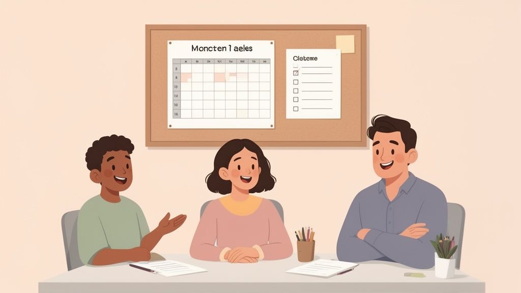 Three smiling colleagues, two men and one woman, sit around a table in a bright office.