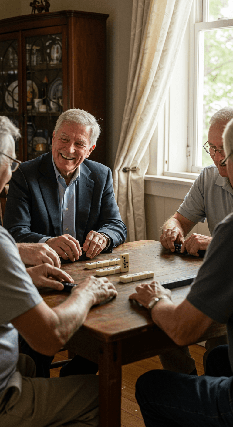 Padre de María sonriendo mientras juega con amigos en una mesa, tras comenzar a usar audífono