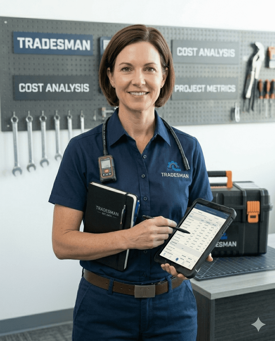 Black and white portrait of Evelyn Dewanti, professional plumbing estimator, holding a tablet and a notebook in a workshop.