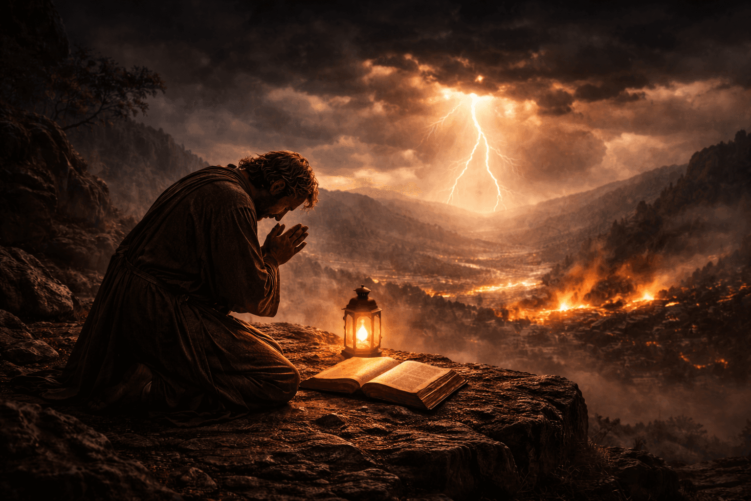 Man praying beside an open Bible on a stormy cliff, representing the biblical meaning of trials and tribulations