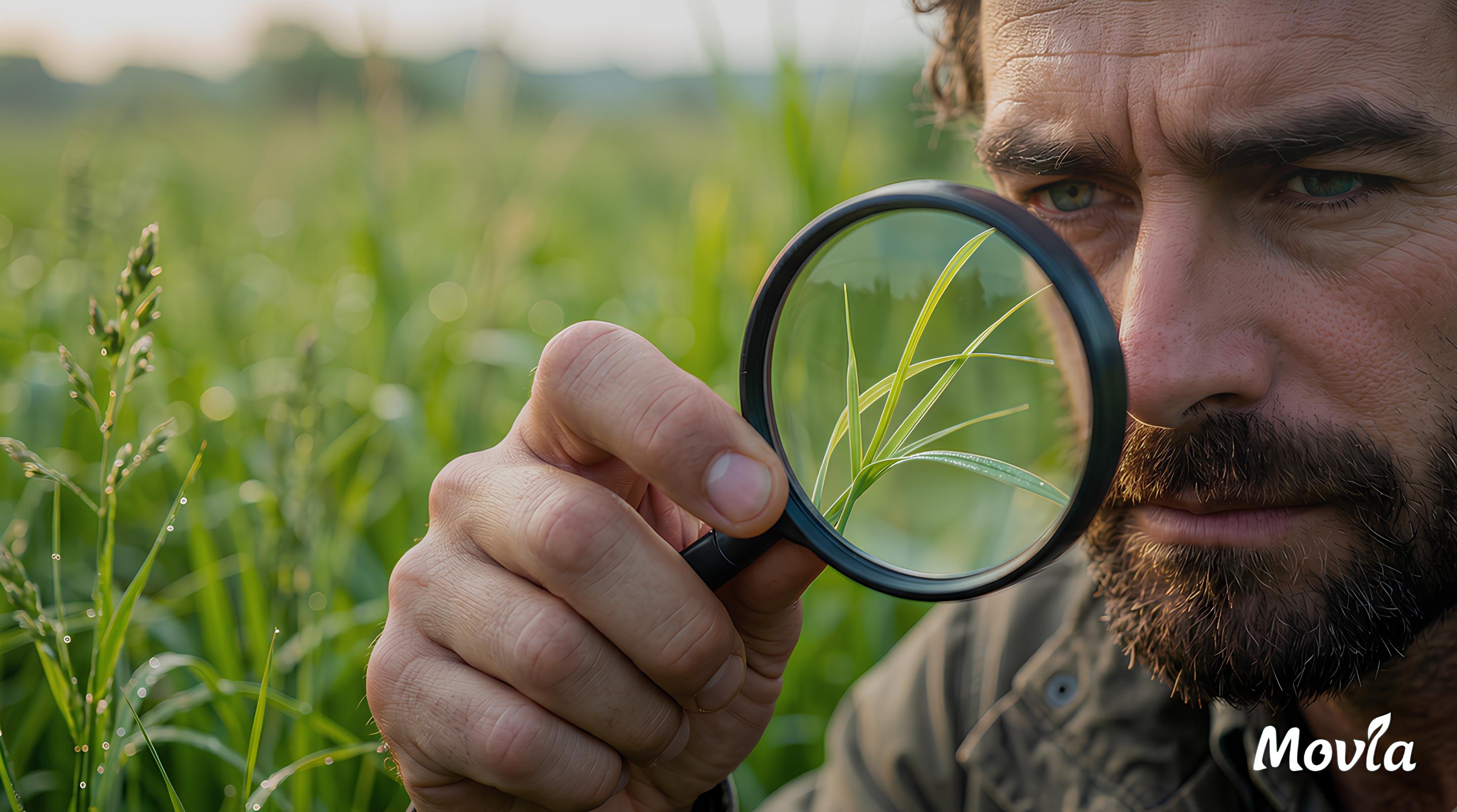 პროფესიონალი აგრონომი გამადიდებელი შუშით აკვირდება გაზონის ბალახის ჯანმრთელობას.