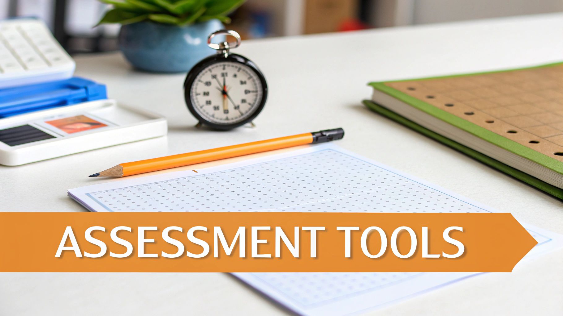 A desk setup with an assessment answer sheet, pencil, and stopwatch, representing educational evaluation tools.