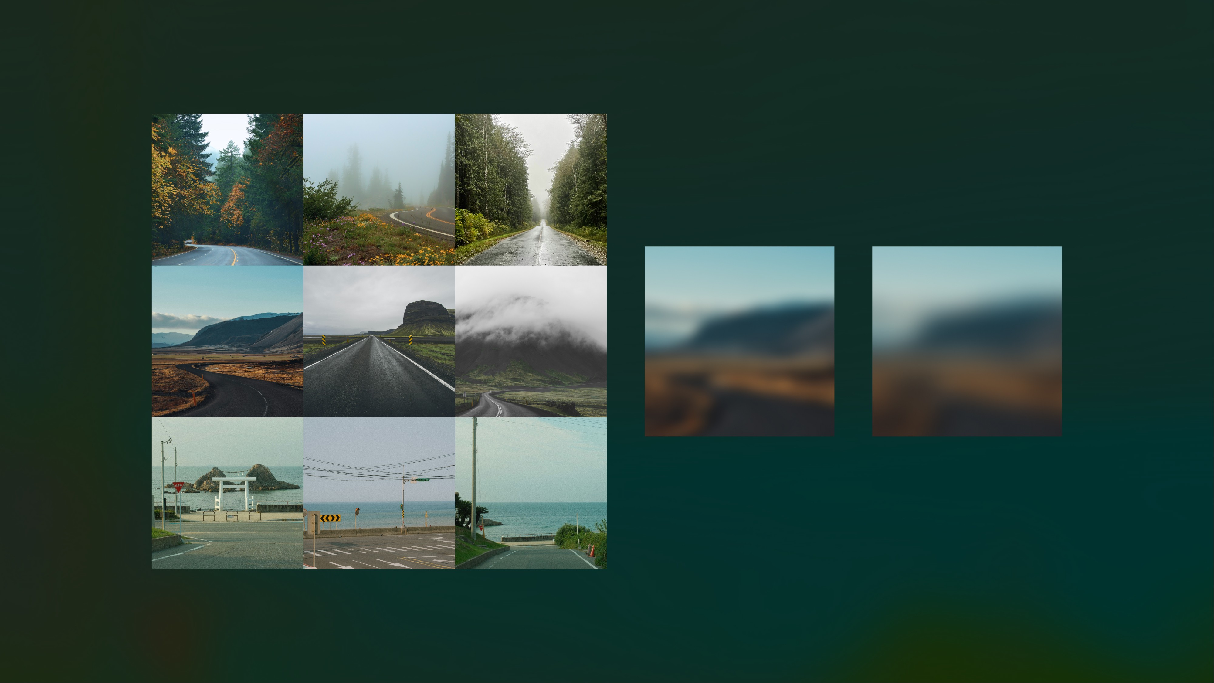 Photos and treatments  Pacific northwest forests, Icelandic countryside, and Japanese coastal roads. Blurred versions to be used as a backdrop treatment.