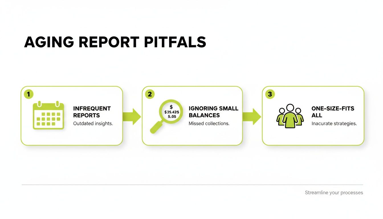 A diagram illustrating three common aging report pitfalls: infrequent reports, ignoring small balances, and one-size-fits-all strategies.