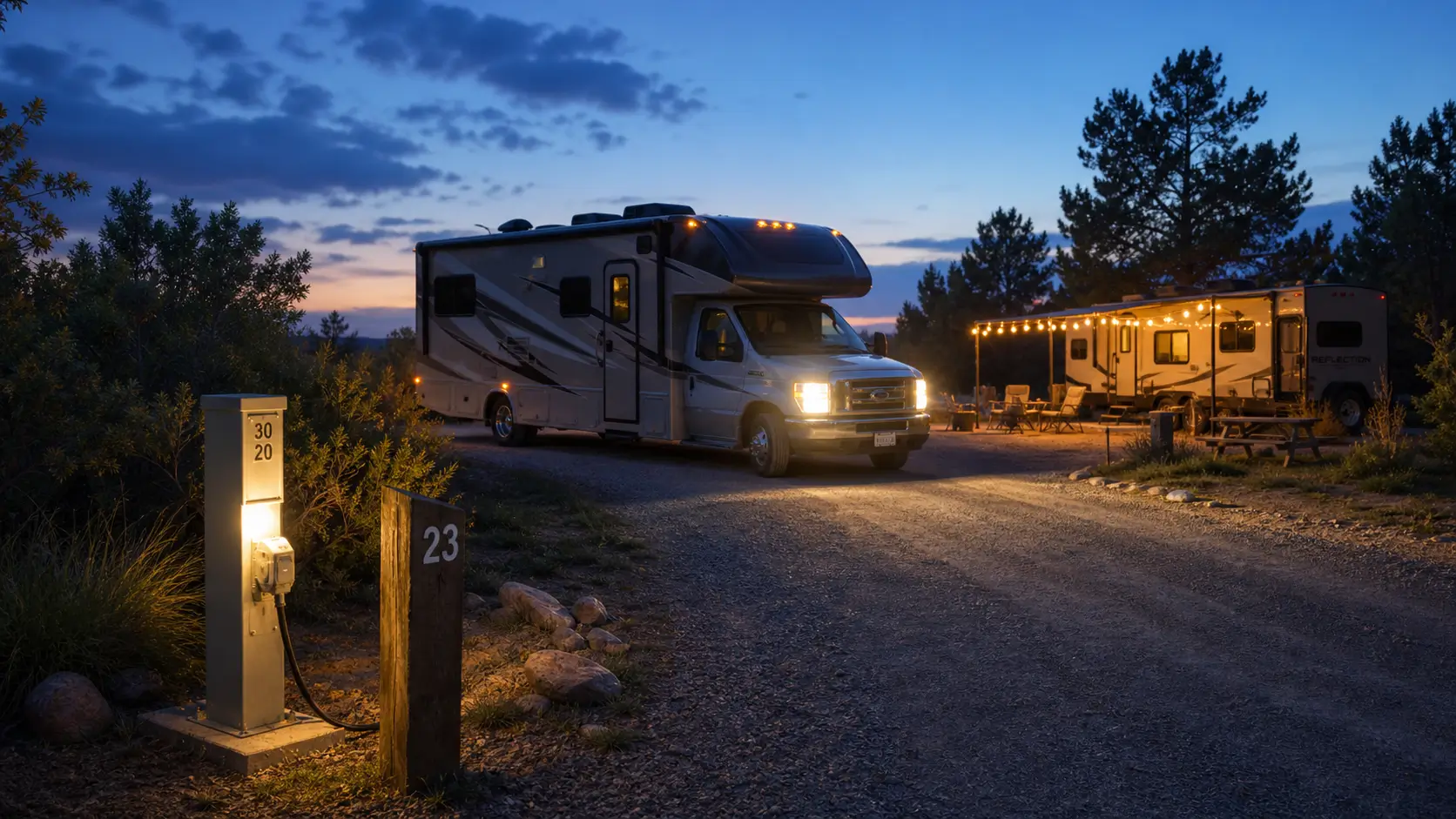 Una casa rodante entrando al circuito de un campamento al atardecer, junto a un poste con conexiones iluminadas.