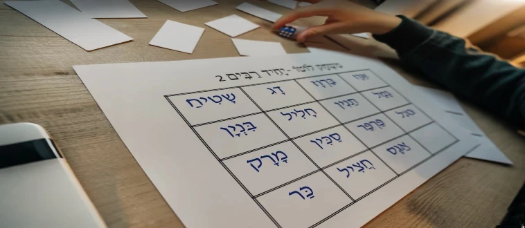 צילום מקרוב של לוח משחק לוטו העוסק ביחיד ורבים בלשון העברית, מונח על שולחן עץ. בראש הדף מופיע הכותרת "לוטו - יחיד ורבים 2" ומתחתיה הטבלה הכוללת 12 מילים המשלבות את שתי הצורות. דוגמה למילים בטבלה: דג, אופניים, פטריה, כדור, יבלת. בצדדים נראים קלפי משחק פזורים, המכילים גם הם מילים או תמונות, ויד אוחזת באחד הקלפים מוכנה להנחה על הלוח. האור הטבעי מאיר את הסצנה ומוסיף חמימות לפעילות הלמידה.
