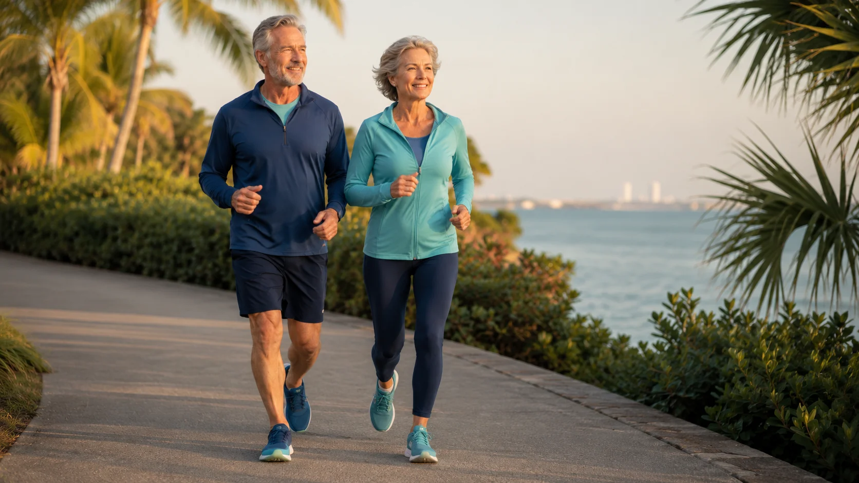 Active couple in their 60s jogging together on a waterfront path in Naples, Florida, representing restored mobility after knee replacement at Florida Orthopedic & Spine Institute