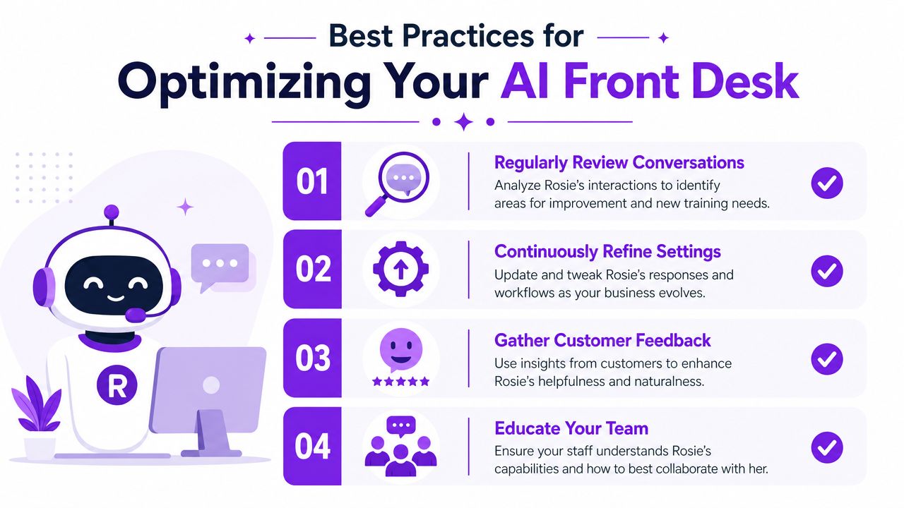 A graphic titled Best Practices for Optimizing Your AI Front Desk featuring a robot assistant and four steps.