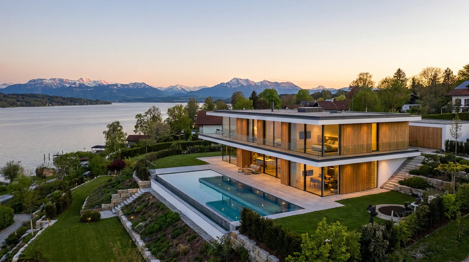 Fertige Villa am See in der Abenddämmerung