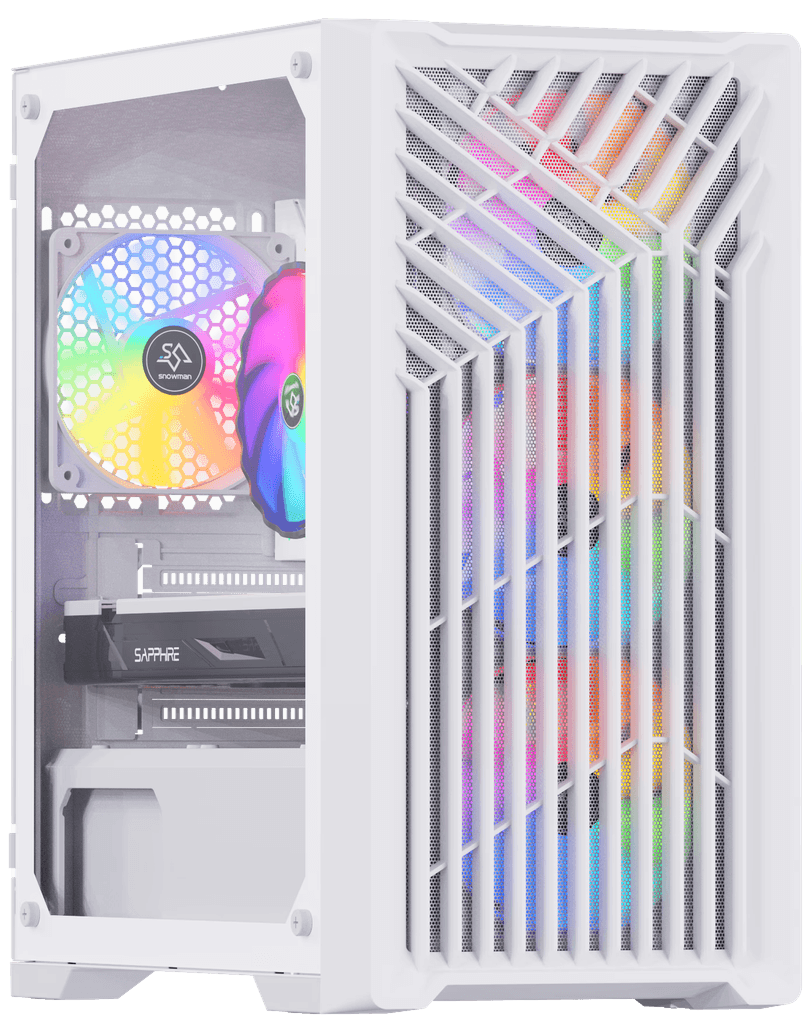 White gaming PC case with a vibrant RGB fan in the front, showing colorful lighting patterns through the mesh panel. The case design is sleek and modern, emphasizing airflow with a clean aesthetic, ideal for high-performance gaming builds.