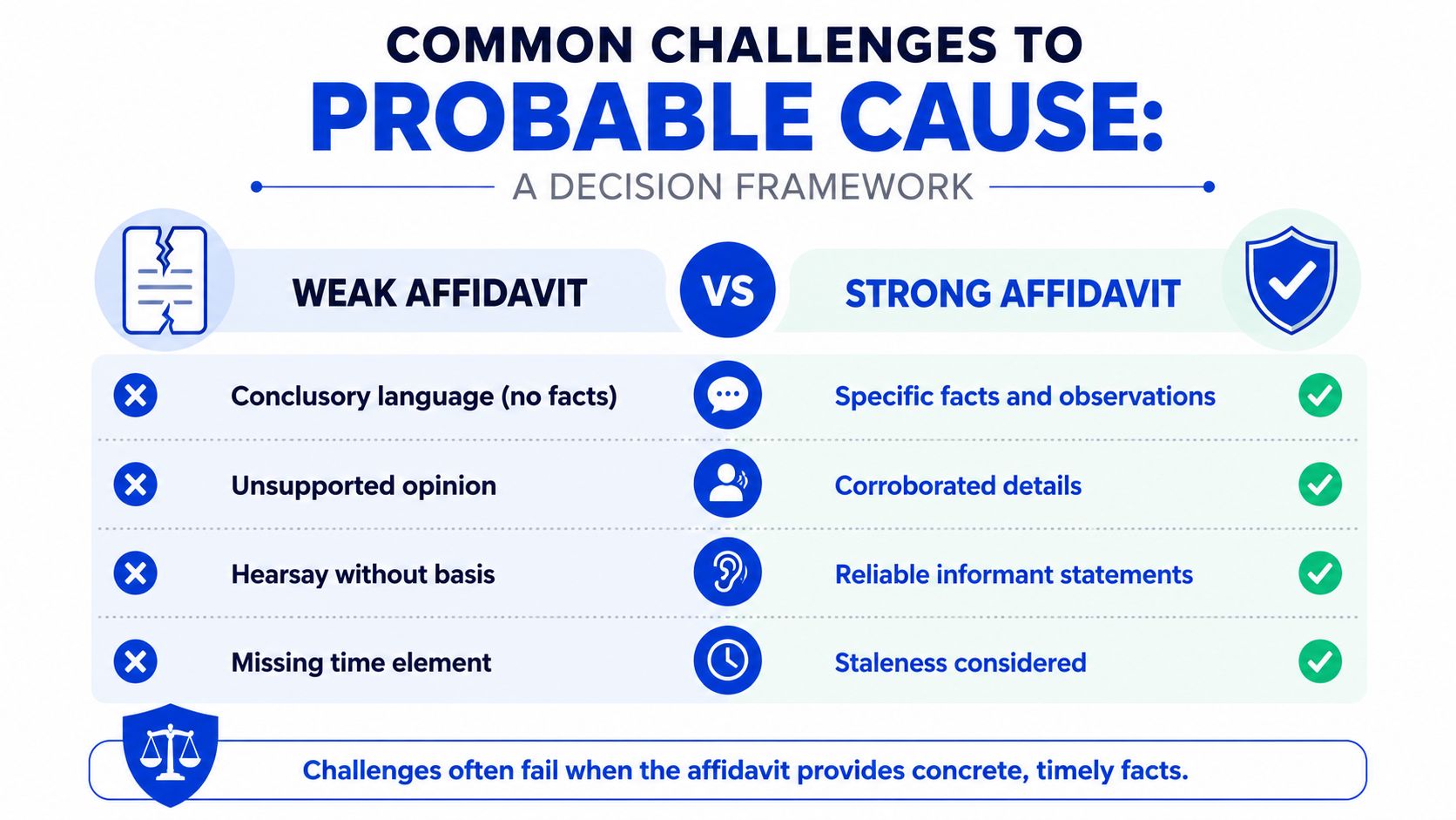A comparison chart outlining common legal challenges to weak versus strong affidavits for probable cause.