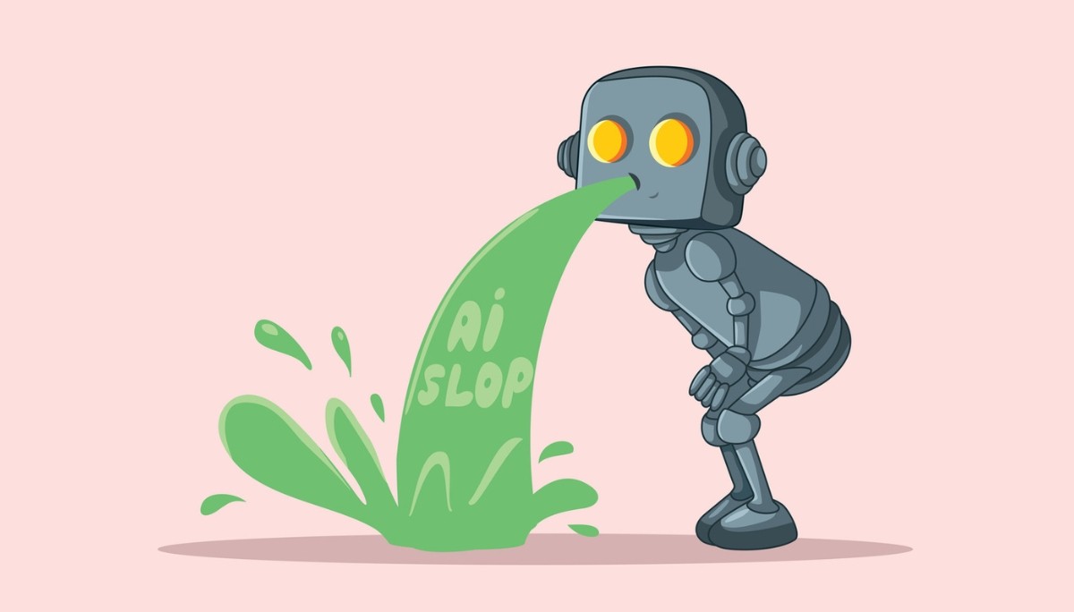 Cartoon illustration of a robot with glowing eyes vomiting green liquid labeled “AI Slop,” symbolizing low‑quality digital content and the need to spot and avoid junk produced by artificial intelligence.