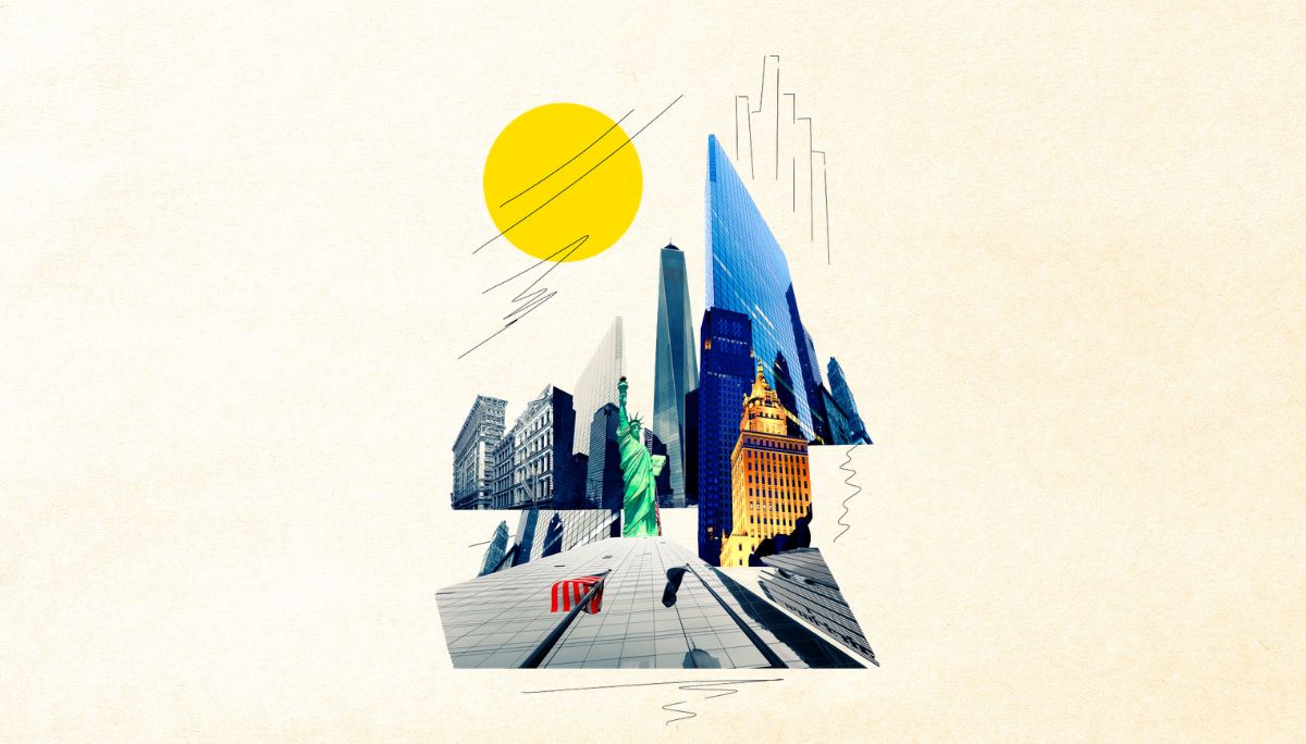 Stylized collage of New York City landmarks, including the Statue of Liberty and skyscrapers, symbolizing the NYC startup job market and hiring landscape.