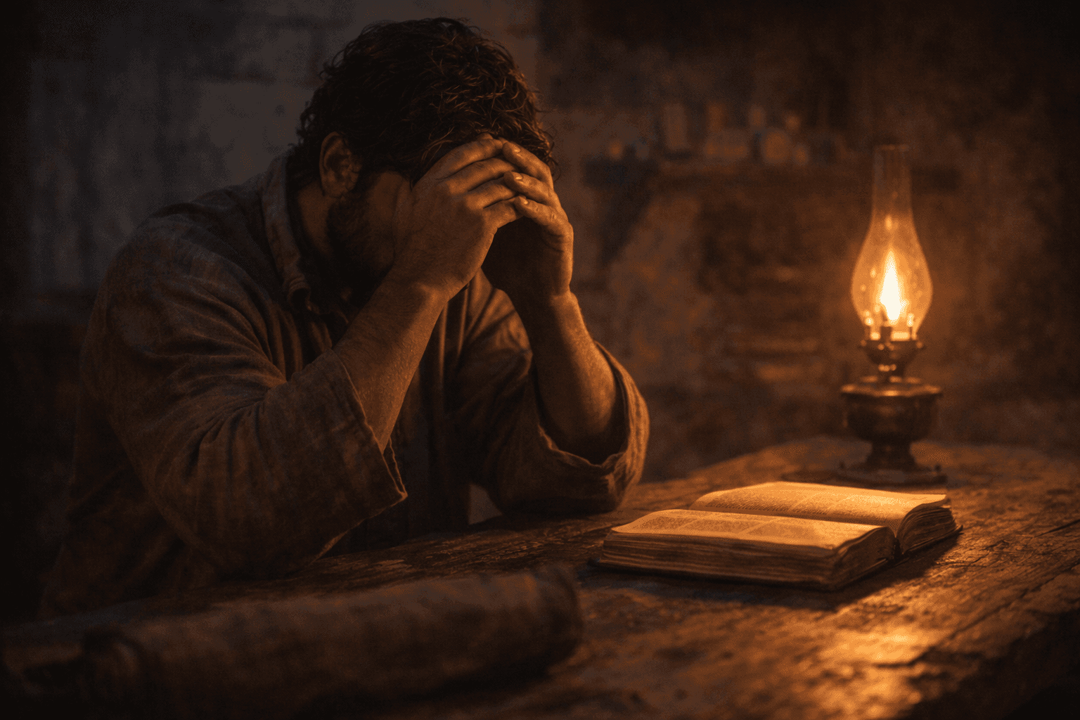 Cinematic image of a man sitting in distress beside an open Bible and lamplight, symbolising what it means to trust God in hardship