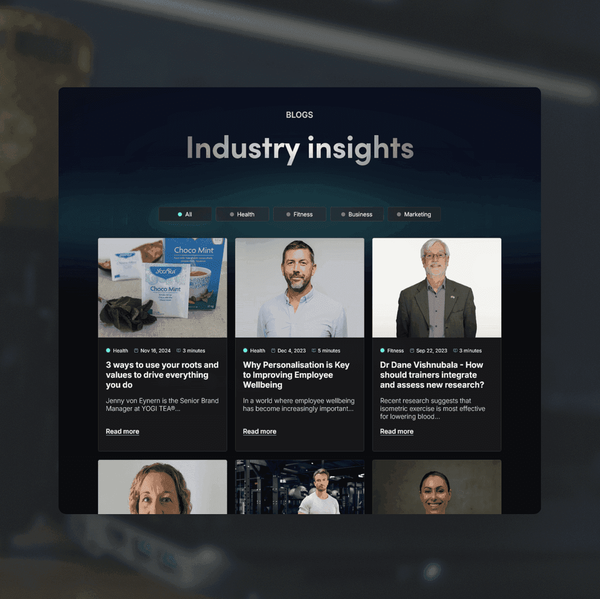 The Fitness Network industry insights page showing a modern grid layout with contributor headshots and article thumbnails