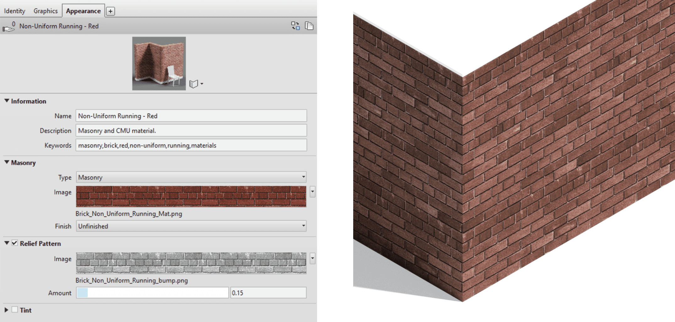On the left - the appearance asset settings for a brick material. On the right - the same material shown in a rendering.