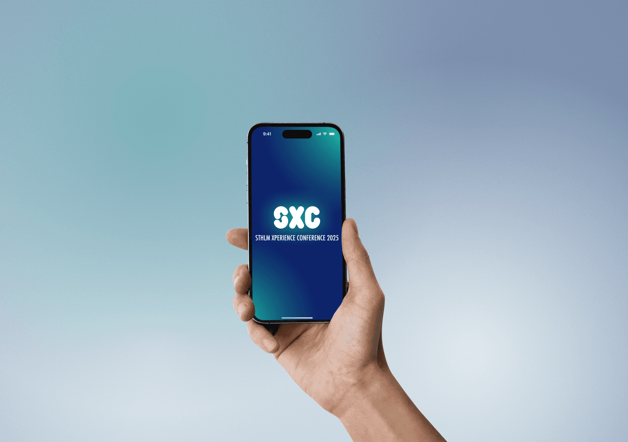 A hand holding an iPhone displaying the SXC logo on a blue gradient background