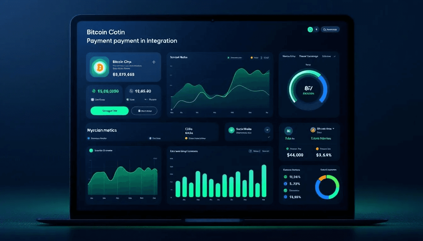 The image depicts a Bitcoin payment integration dashboard that showcases social media conversion metrics, highlighting user engagement across various social media platforms. It emphasizes actionable insights for effective crypto marketing, helping businesses understand their target audience and enhance brand visibility in the crypto space.