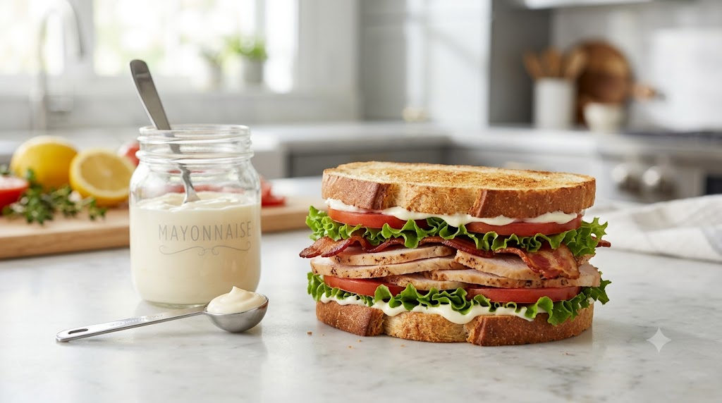 A clear glass jar of mayonnaise with a spoon stands next to a detailed multi-layered club sandwich featuring turkey, bacon, lettuce, and tomatoes on a marble kitchen countertop with fresh ingredients blurred in the background.
