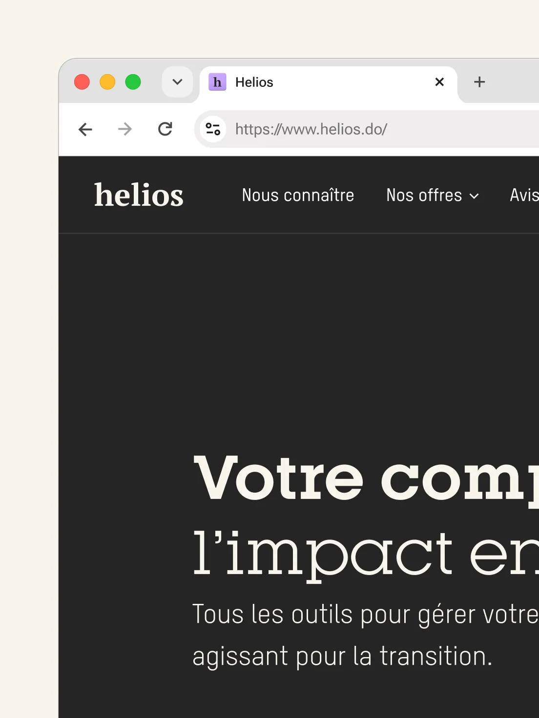 En-tête du site Helios et navigation principale sur ordinateur