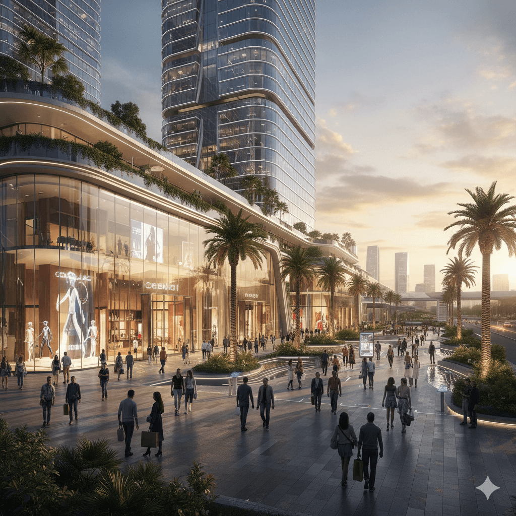 Modern high-street retail shops at M3M Commercial Sector 83 Gurugram with glass facades and luxury storefronts