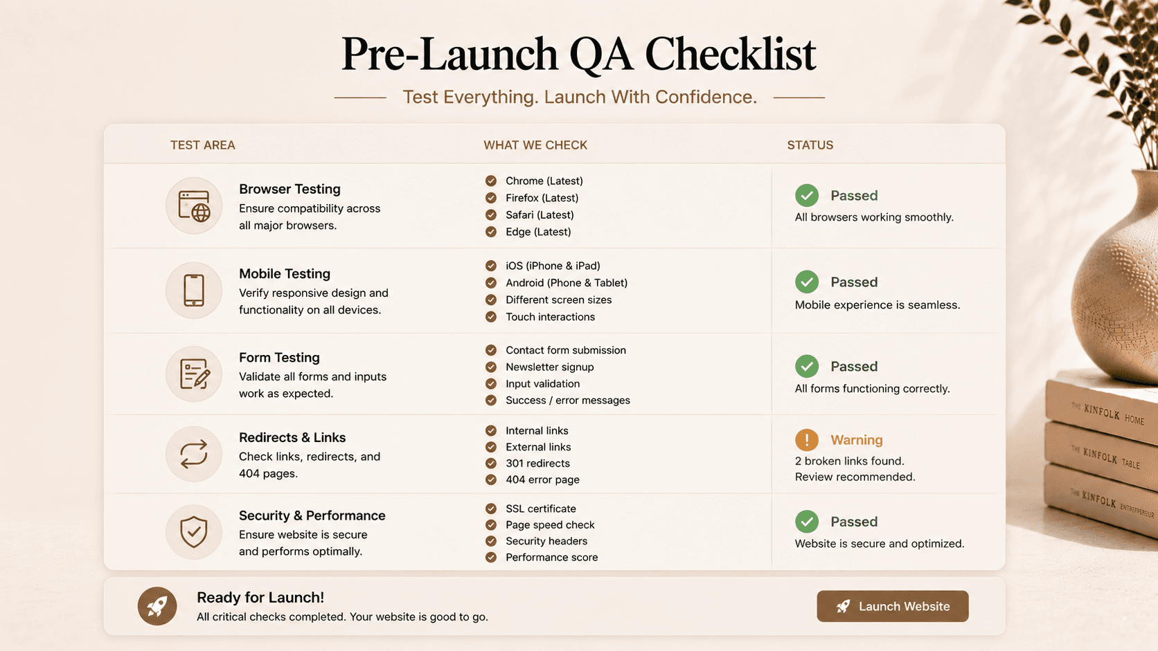 Website pre-launch QA checklist with browser compatibility testing, mobile testing, form testing, redirect verification, security checks, and launch status indicators.