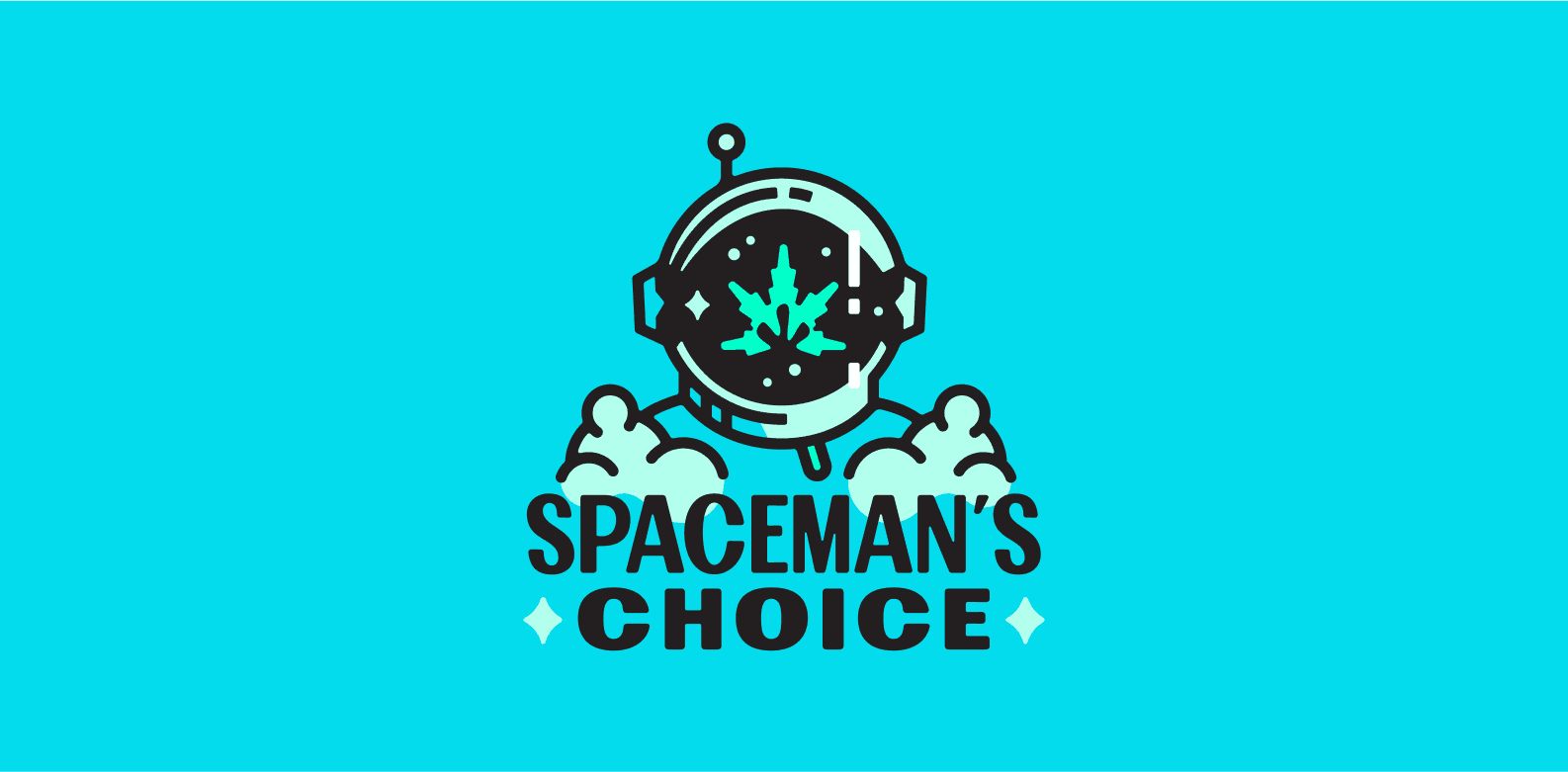 a space helmet with a cannabis leaf reflected logo for Spaceman's Choice
