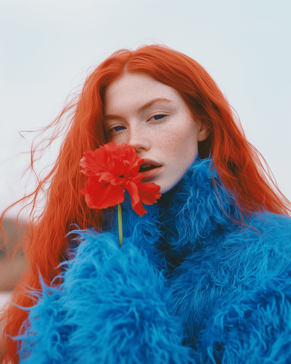 A person with long red hair holds a bright red flower while wearing a fluffy blue coat against a soft background.