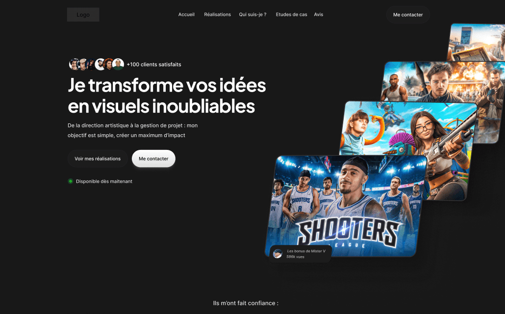 Hero section du site en dark mode pour un graphiste indépendant
