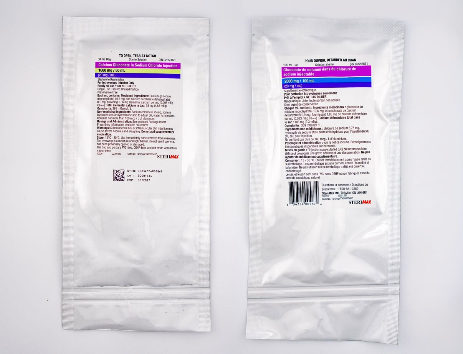 Two SteriMax Calcium Gluconate in Sodium Chloride Injection bags shown side-by-side: a 50 mL bag (1000 mg) with English labeling on the left, and a 100 mL bag (2000 mg) with French labeling on the right. Both indicate a concentration of 20 mg/mL.