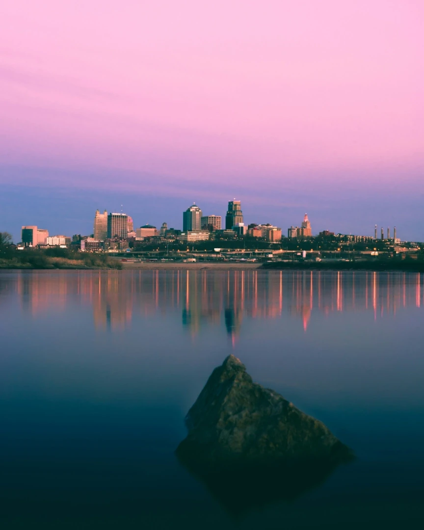 Kansas City skyline with views of the Kansas and Missouri Rivers.